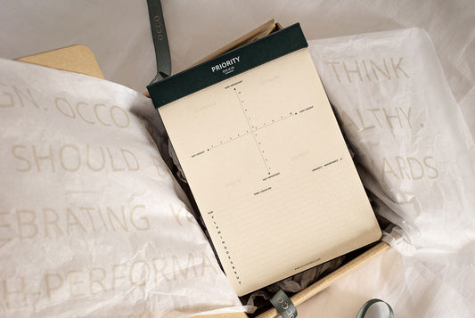 OCCO London Priority Pad open to a planning page, designed for high-achievers managing focus and priorities