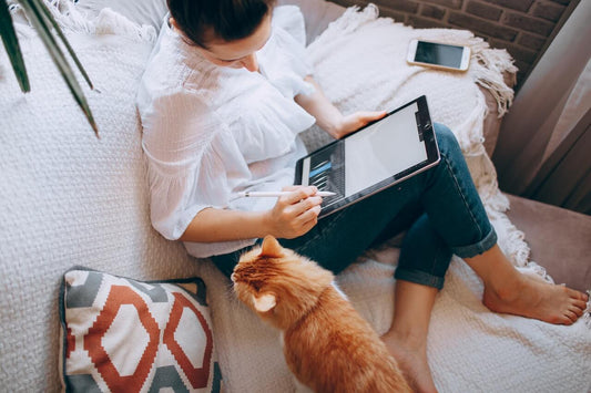 Graphic designer sat on the sofa with her cat
