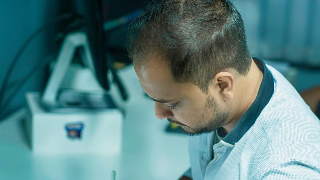 Man drawing on a tablet at a dim desk, intensely focused, illustrating ADHD executive function challenges at work