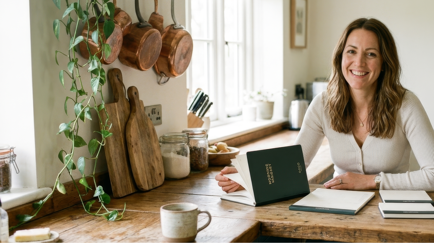 Woman sitting at a kitchen counter with books and a dog, smiling.