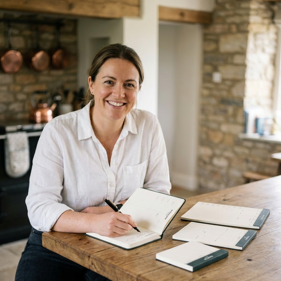 Woman sitting at a wooden kitchen counter with a dog, writing in a notebook.